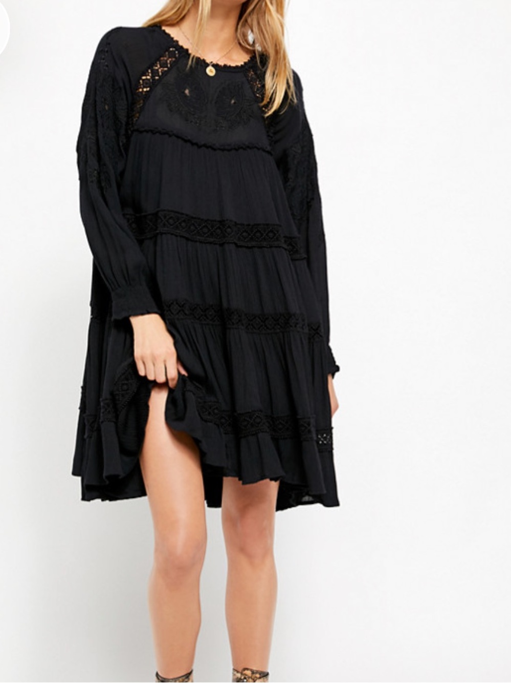 Free People Black Embroidered Piece of Your Heart Boho Dress
